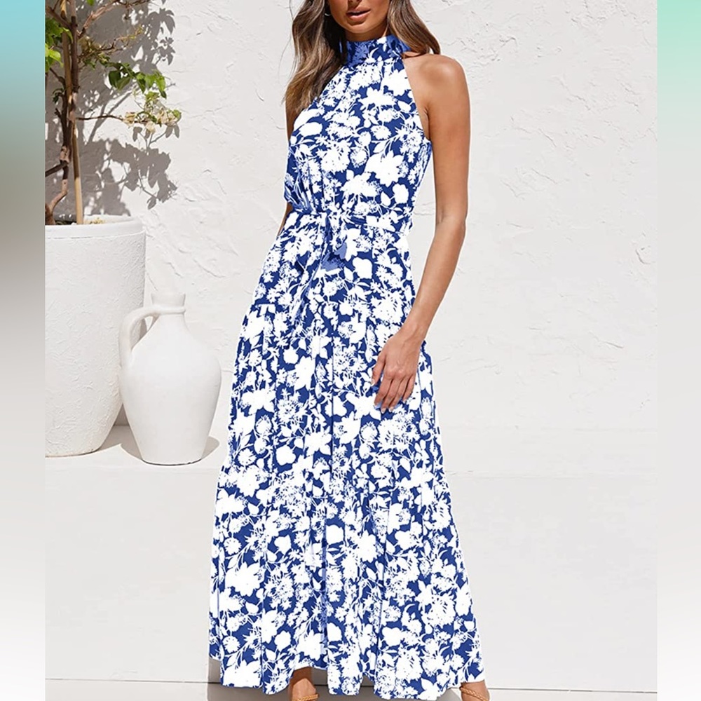 ECOWISH Women Dress Halter Neck Boho Floral Print Sleeveless Maxi